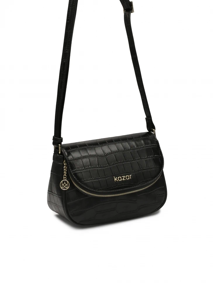 Kazar Black Belt Handbag With Flap Pocket