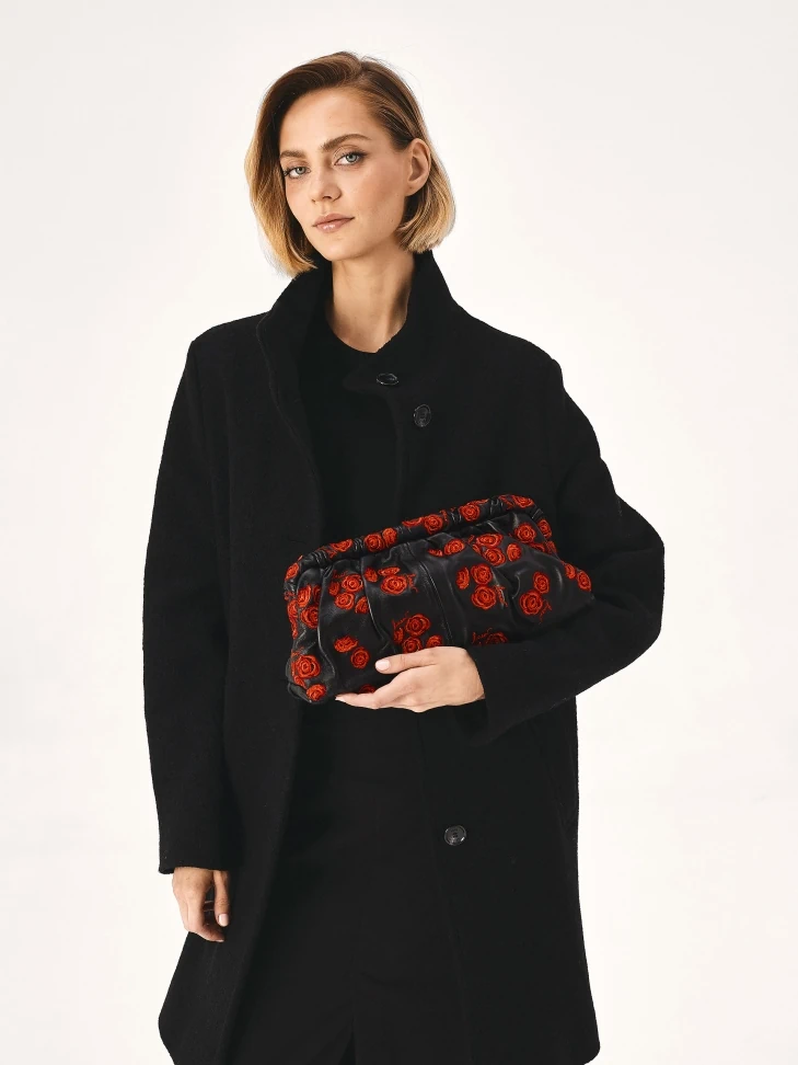 Kazar Black Clutch Bag With Red Roses