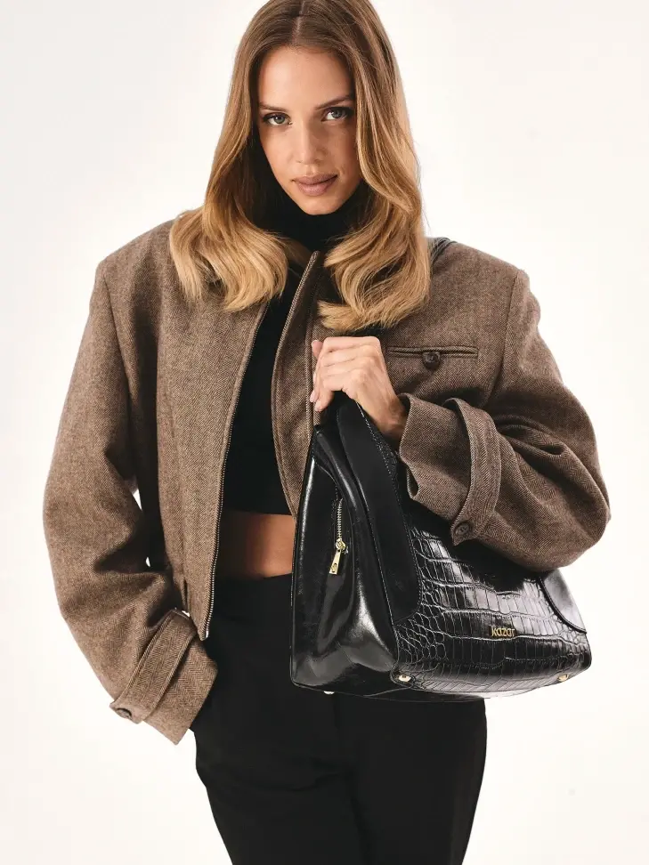 Kazar Black Embossed Leather Handbag