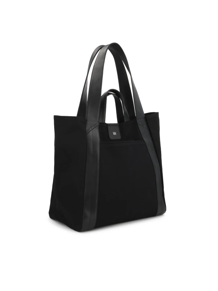 Kazar Black Fabric Bag With Double Leather Handles