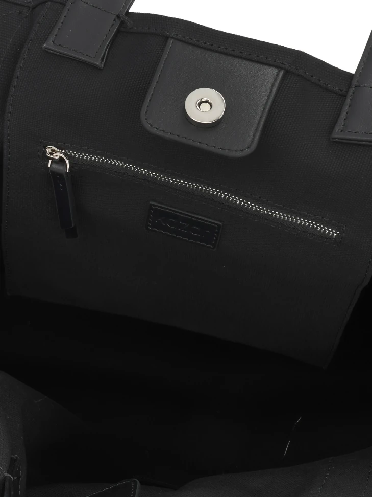 Kazar Black Fabric Bag With Double Leather Handles