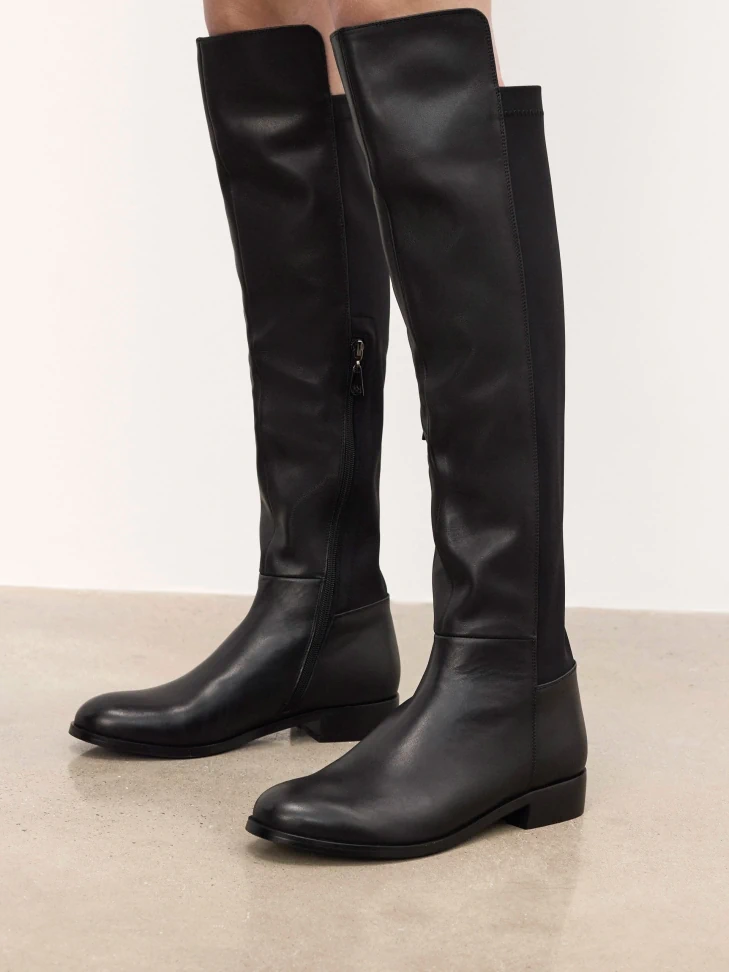 Kazar Black Flat Boots In Leather And Fabric