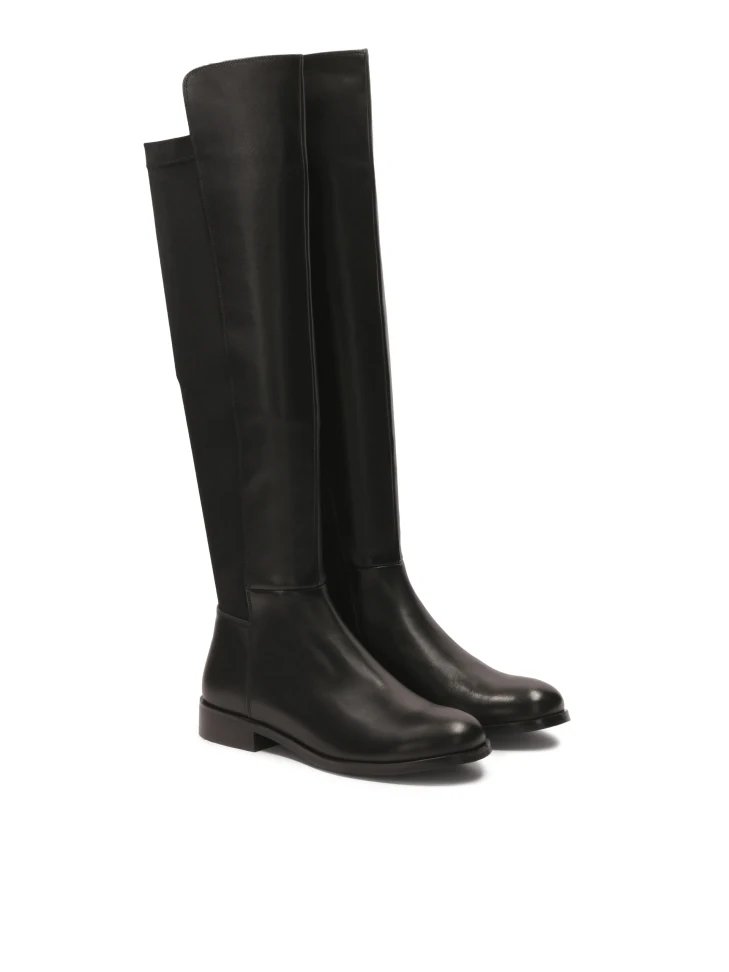 Kazar Black Flat Boots In Leather And Fabric