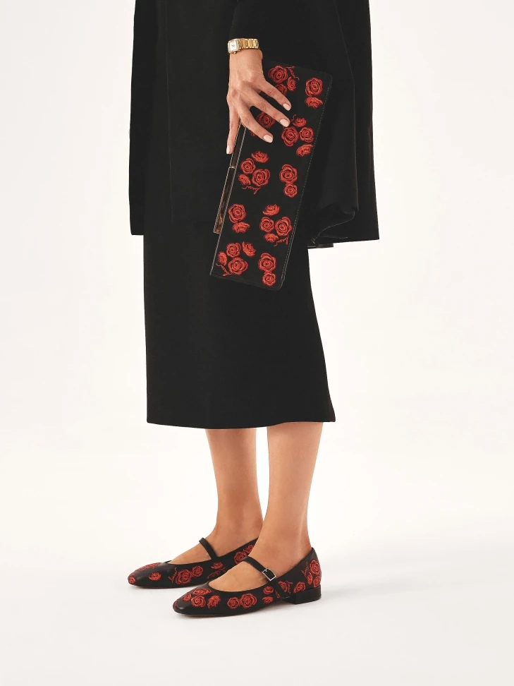 Kazar Black Flat Pumps With Flowers