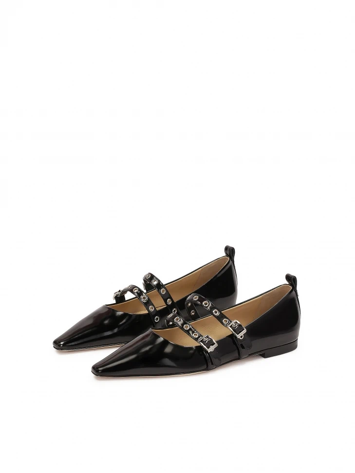 Kazar Black Flat Sole Pumps With Two Straps