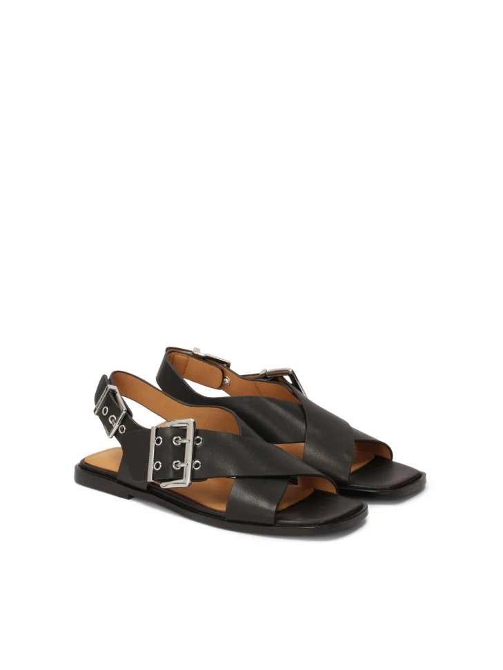 Kazar Black Flat Sole Sandals With Wide Straps
