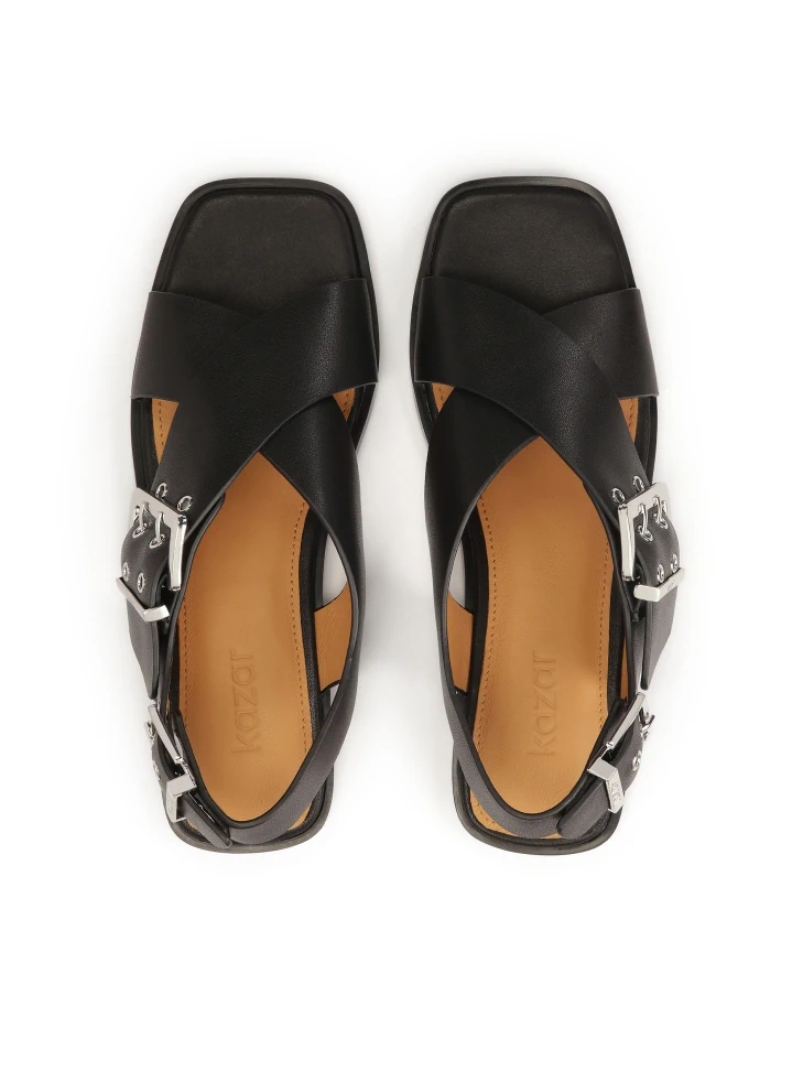 Kazar Black Flat Sole Sandals With Wide Straps