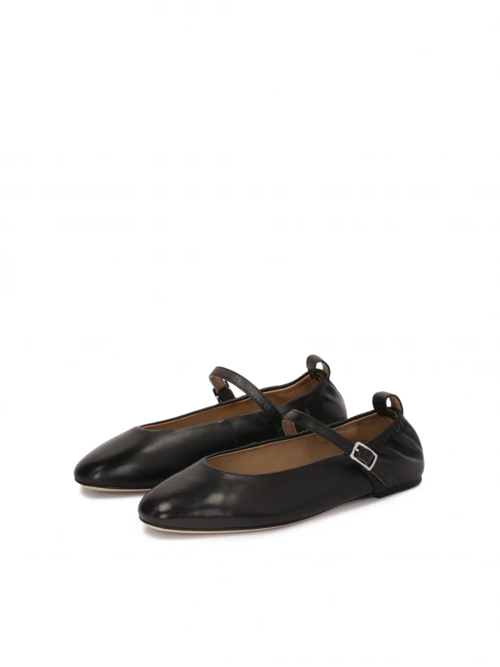 Kazar Black Leather Ballerinas With Buckled Strap