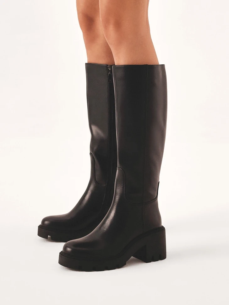 Kazar Black Leather Boots With Wide Heels