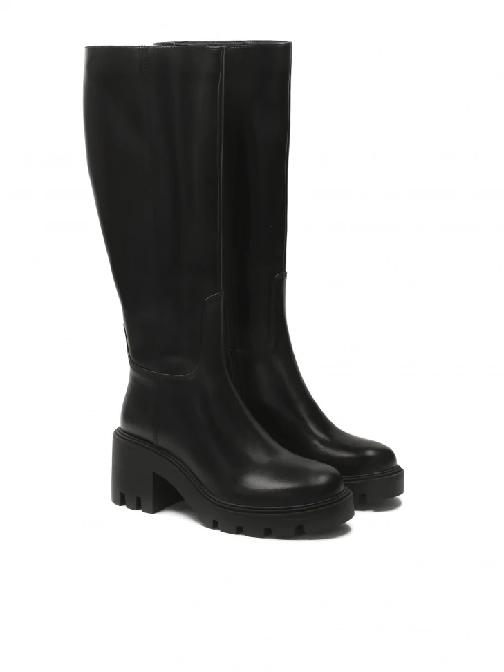 Kazar Black Leather Boots With Wide Heels