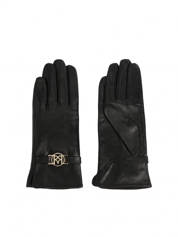 Kazar Black Leather Gloves With Monogrammed Strap
