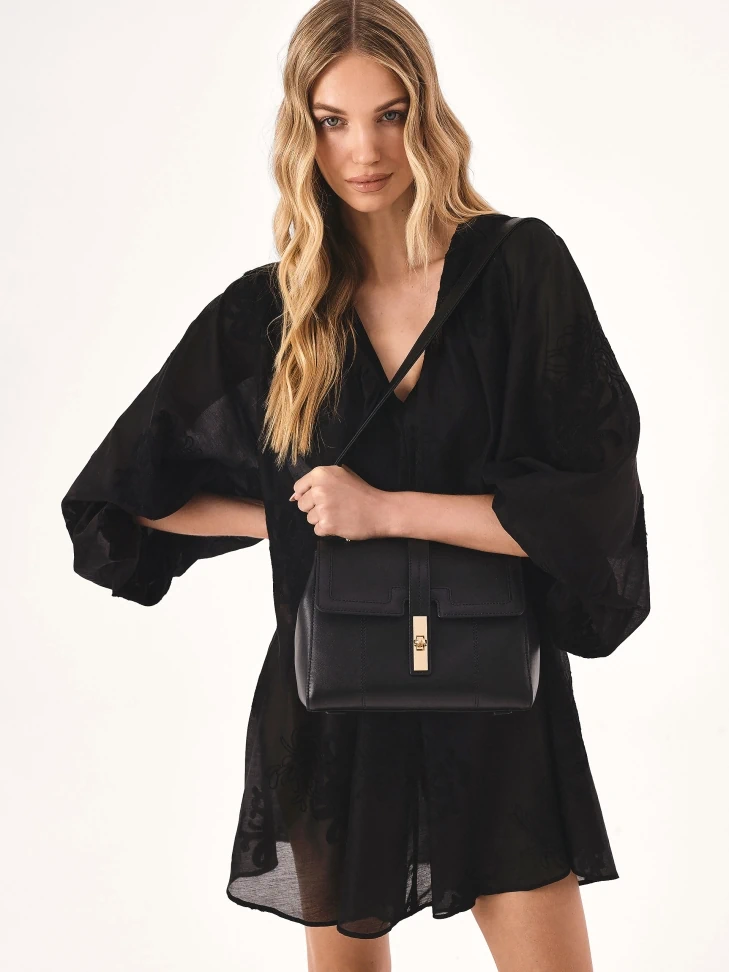 Kazar Black Leather Handbag With Unique Flap
