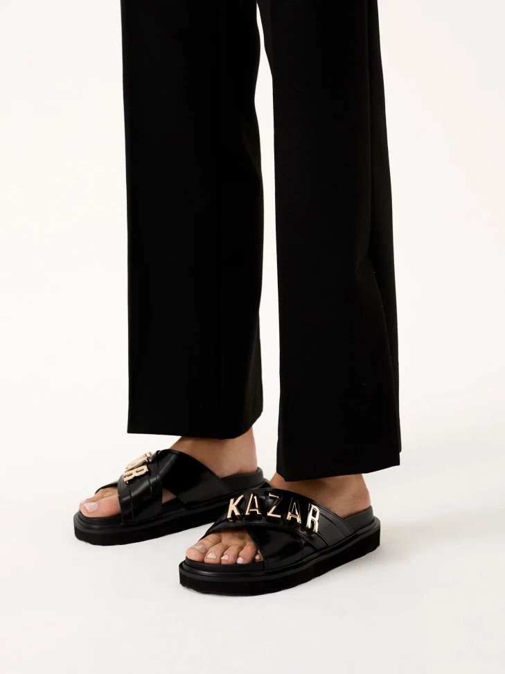 Kazar Black Leather Mules With Metal Lettering
