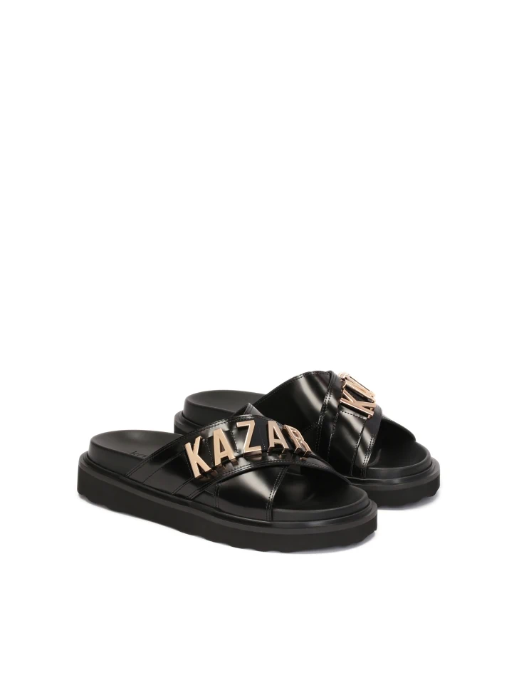 Kazar Black Leather Mules With Metal Lettering