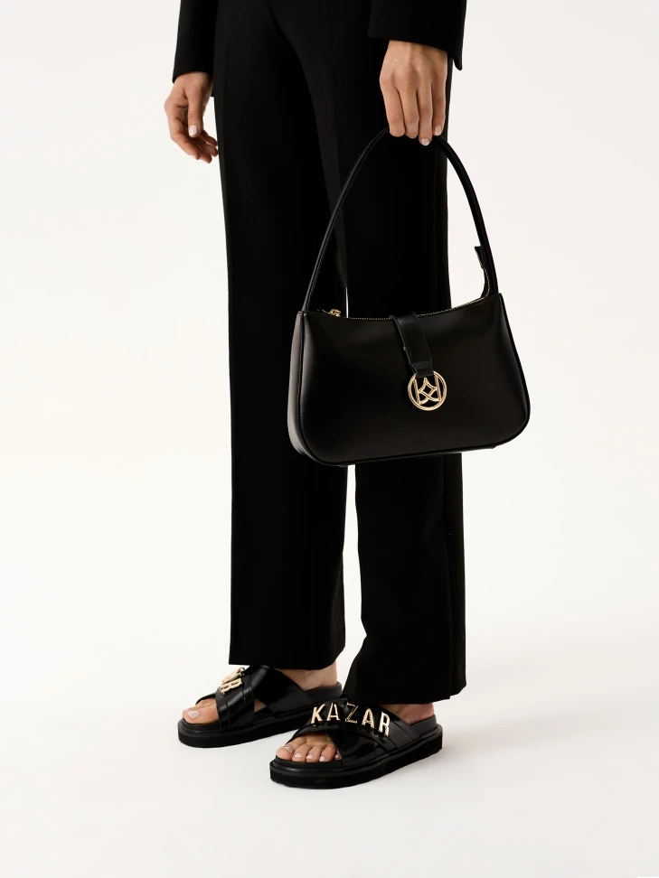 Kazar Black Leather Mules With Metal Lettering