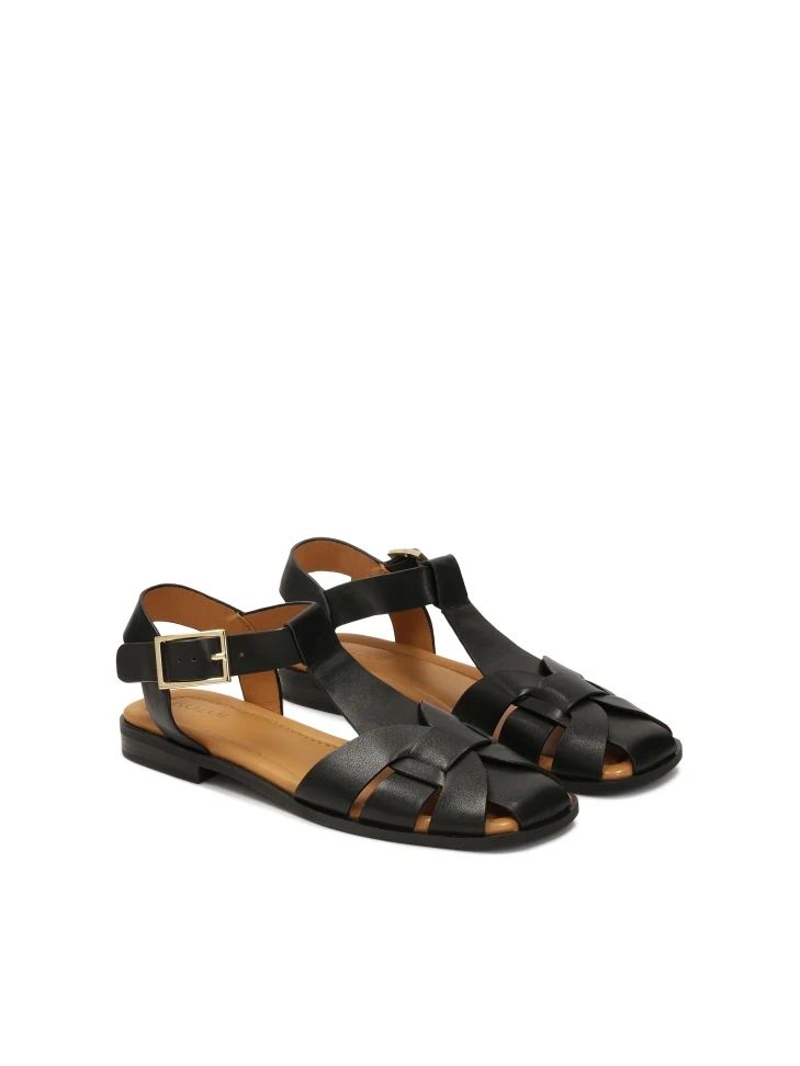 Kazar Black Leather Sandals With Built-in Front