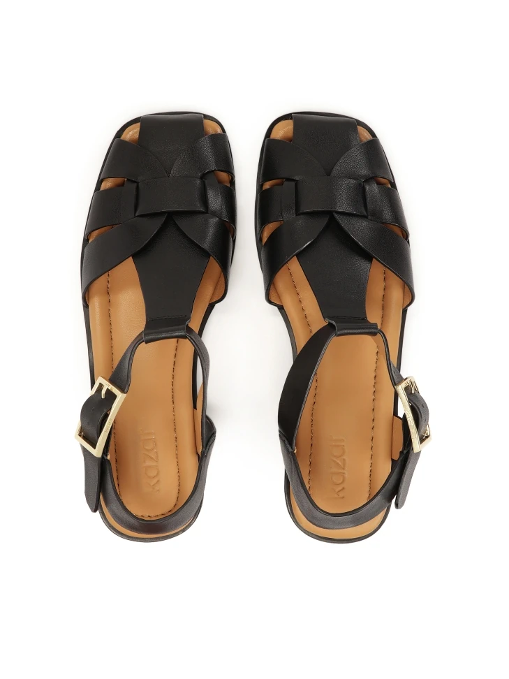 Kazar Black Leather Sandals With Built-in Front