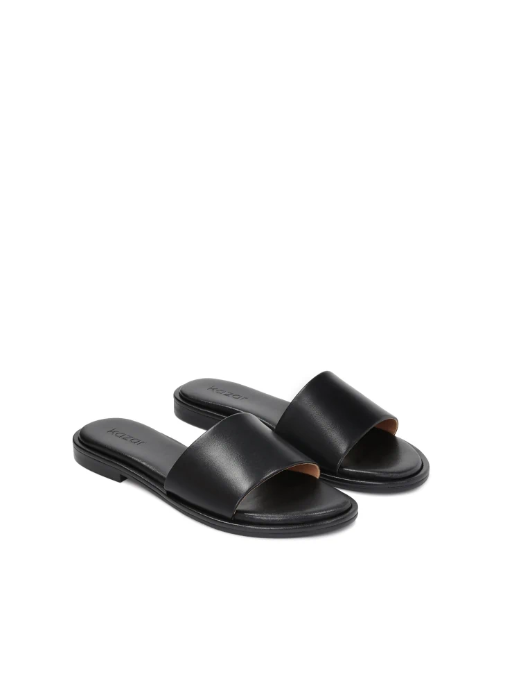Kazar Black Leather Slides On A Flat Sole