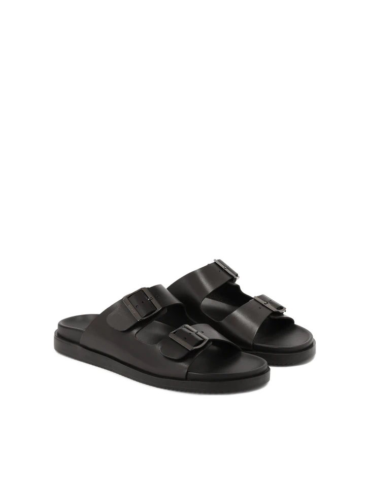 Kazar Black Leather Slides With Buckles
