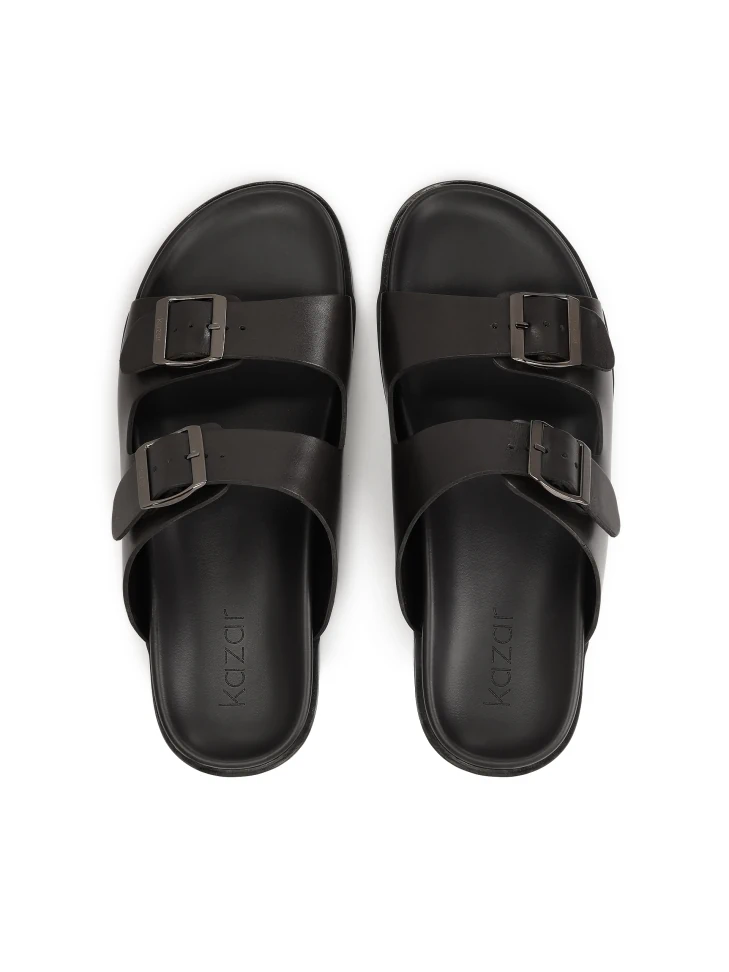 Kazar Black Leather Slides With Buckles