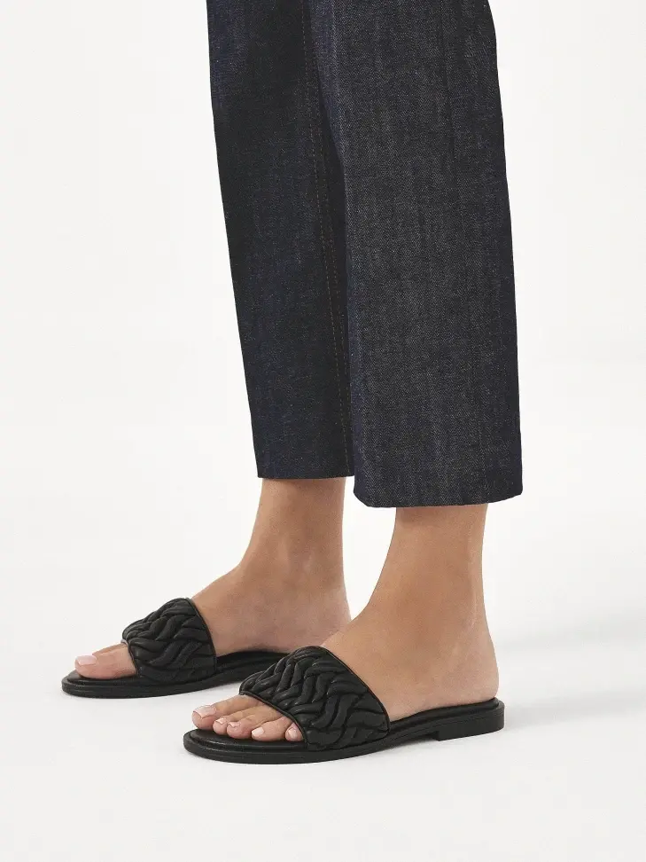 Kazar Black Leather Slides With Crinkle Strap