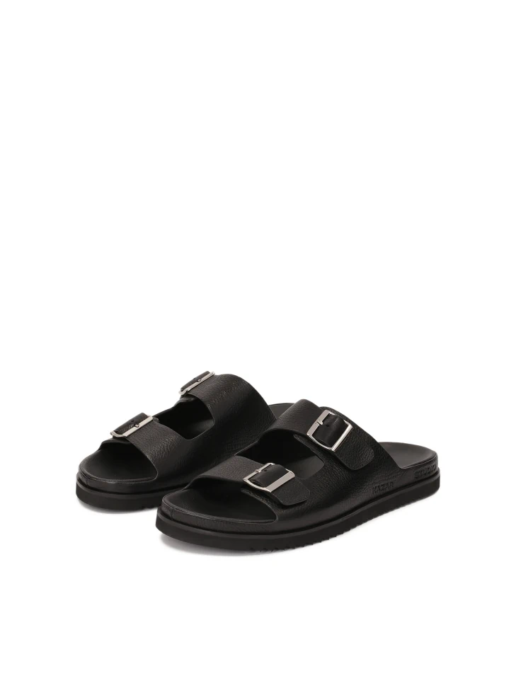 Kazar Black Leather Slides With Two Straps
