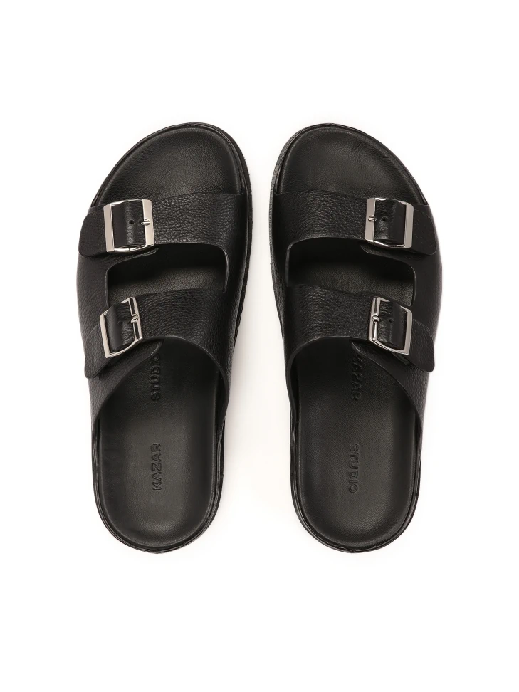 Kazar Black Leather Slides With Two Straps