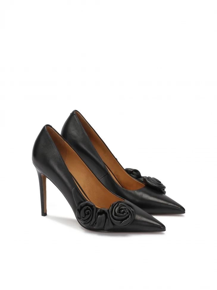 Kazar Black Leather Stilettos With Roses