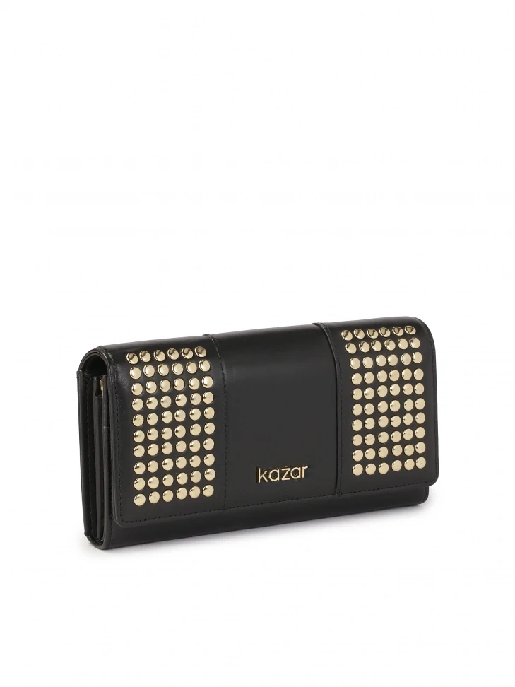 Kazar Black Leather Wallet With Gold Rhinestones