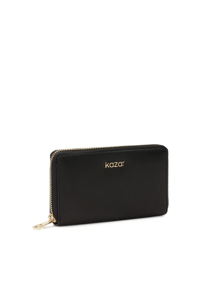 Kazar Black Leather Wallet With Zipper