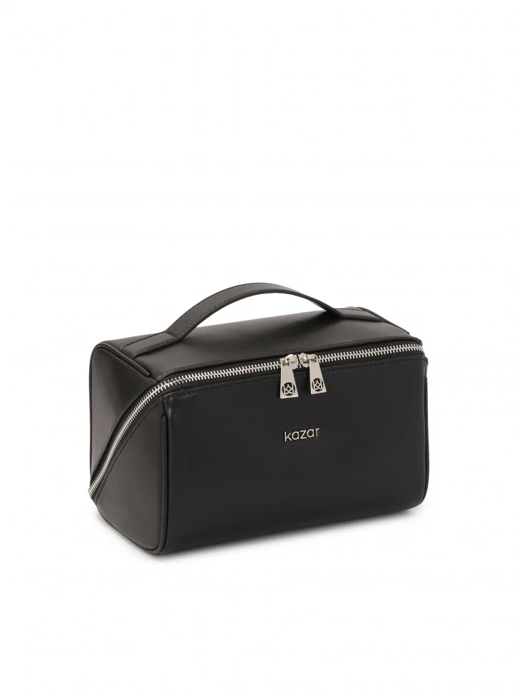 Kazar Black Leather Zipper Cosmetic Bag