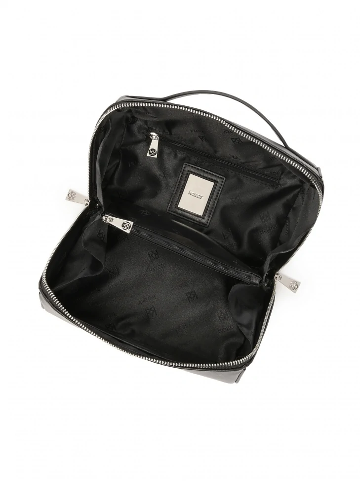 Kazar Black Leather Zipper Cosmetic Bag