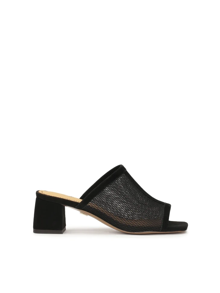 kazar Black mesh mules on a low post