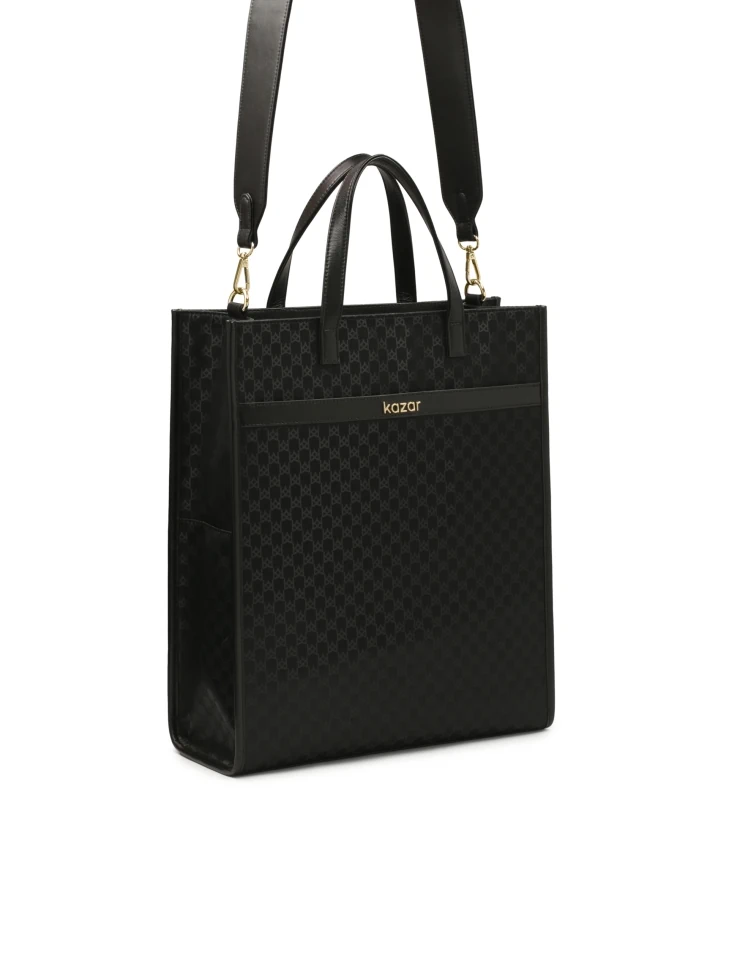Kazar Black Monogrammed Fabric Handbag By KAZAR