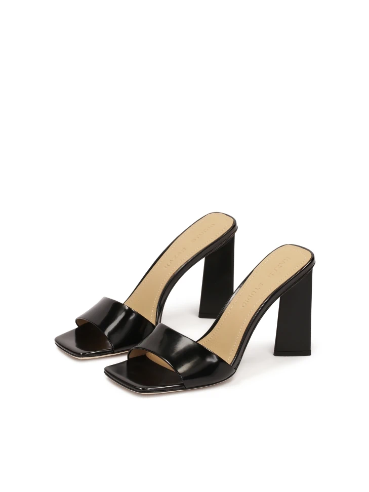 Kazar Black Mules In Glossy Leather On A High Post