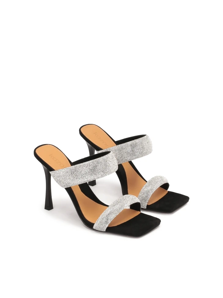 Kazar Black Mules On Heels With Sparkly Straps