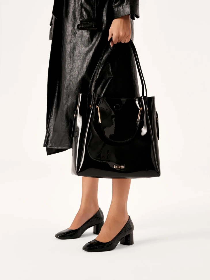 Kazar Black Patent Bag With Metal Handles