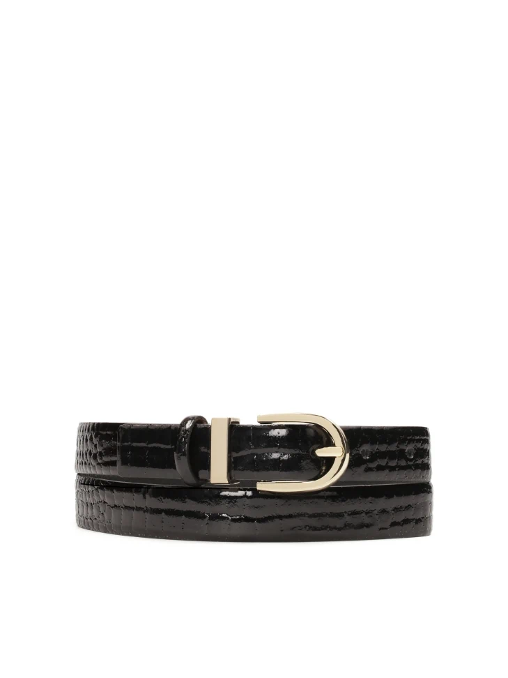 kazar Black patent belt with embossed print