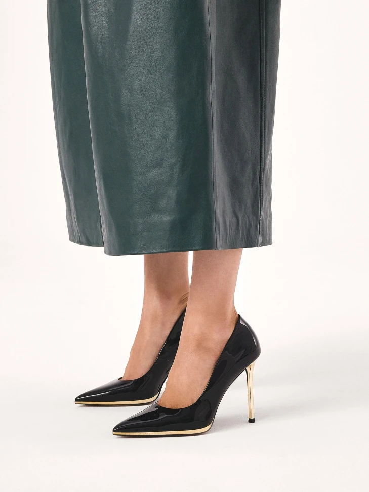 Kazar Black Patent Leather Pumps With Gold Heel