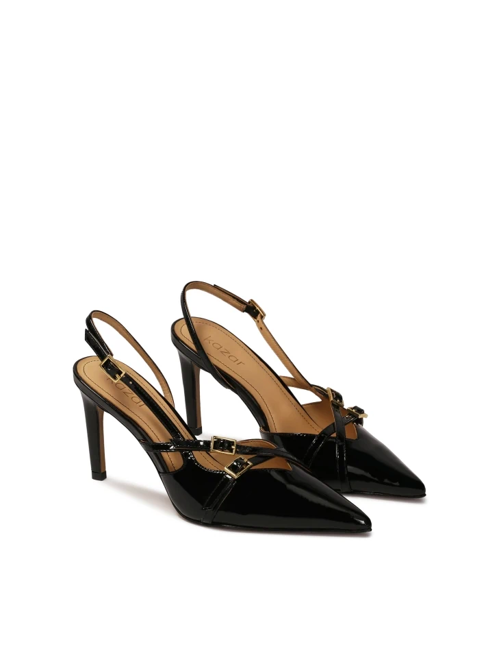 Kazar Black Patent Leather Pumps With Open Heels