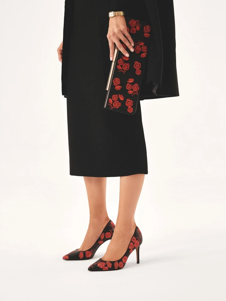 Kazar Black Pumps With Floral Embroidered Pattern