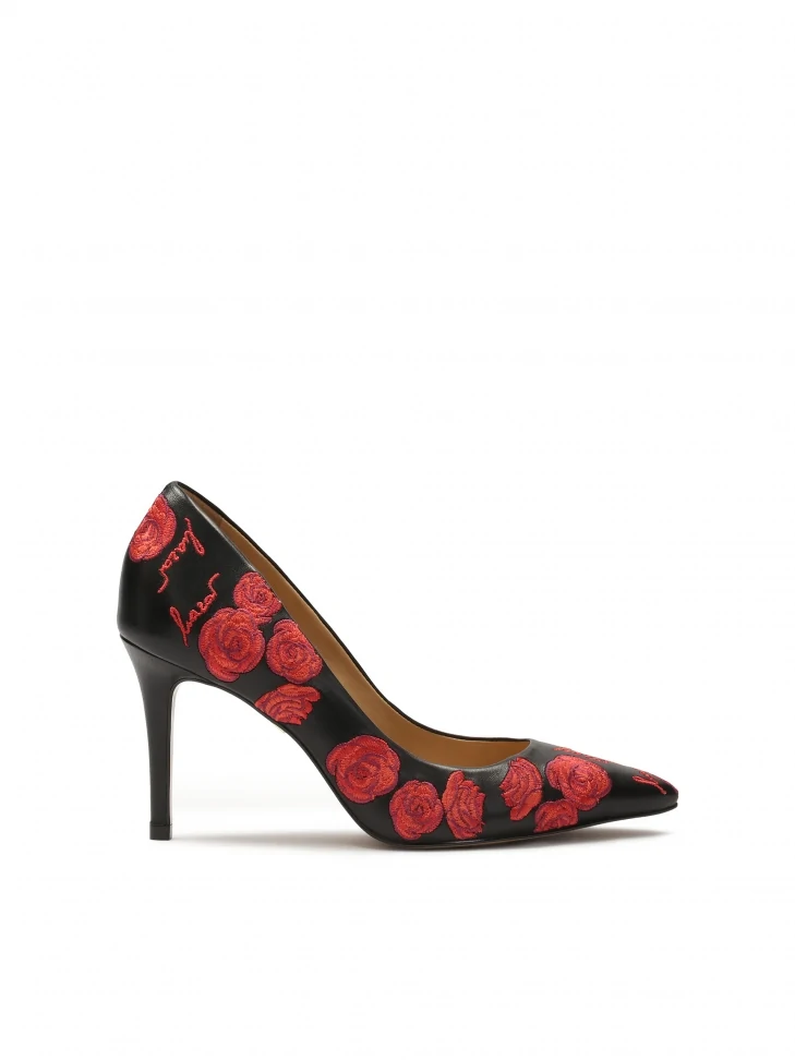 kazar Black pumps with floral embroidered pattern