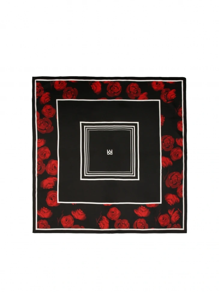 Kazar Black Silk Scarf With Floral Pattern