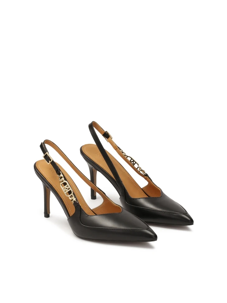 Kazar Black Slingback Pumps With Metal Monogram
