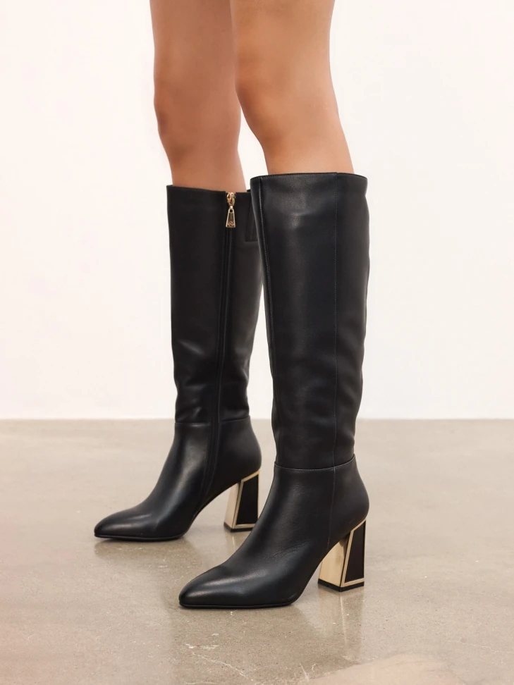 Kazar Black Stiletto Boots With Gold Inserts