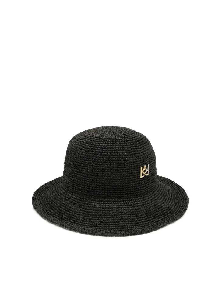 Kazar Black Straw Hat With Monogram