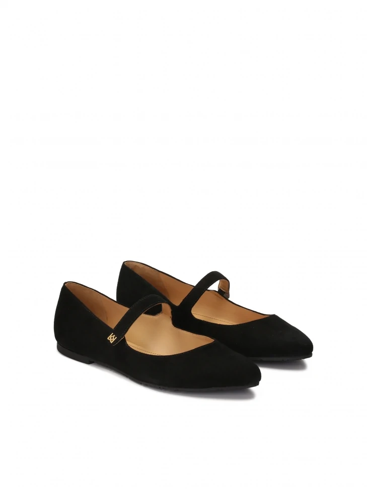 Kazar Black Suede Ballerinas In Mary Jane Style