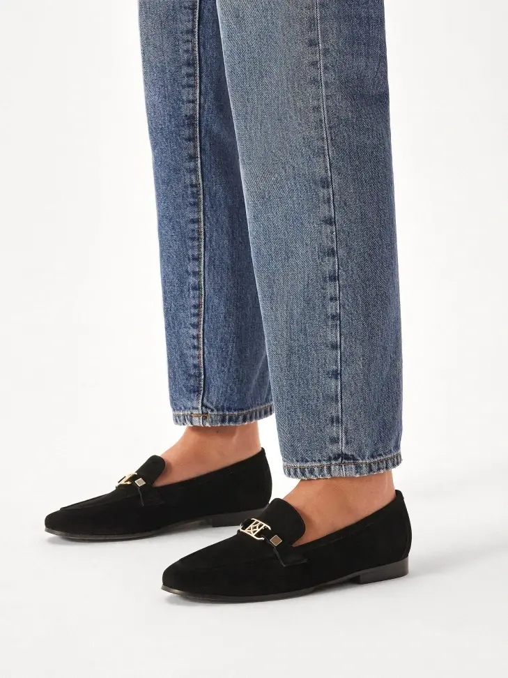 Kazar Black Suede Loafers With Metal Embellishment