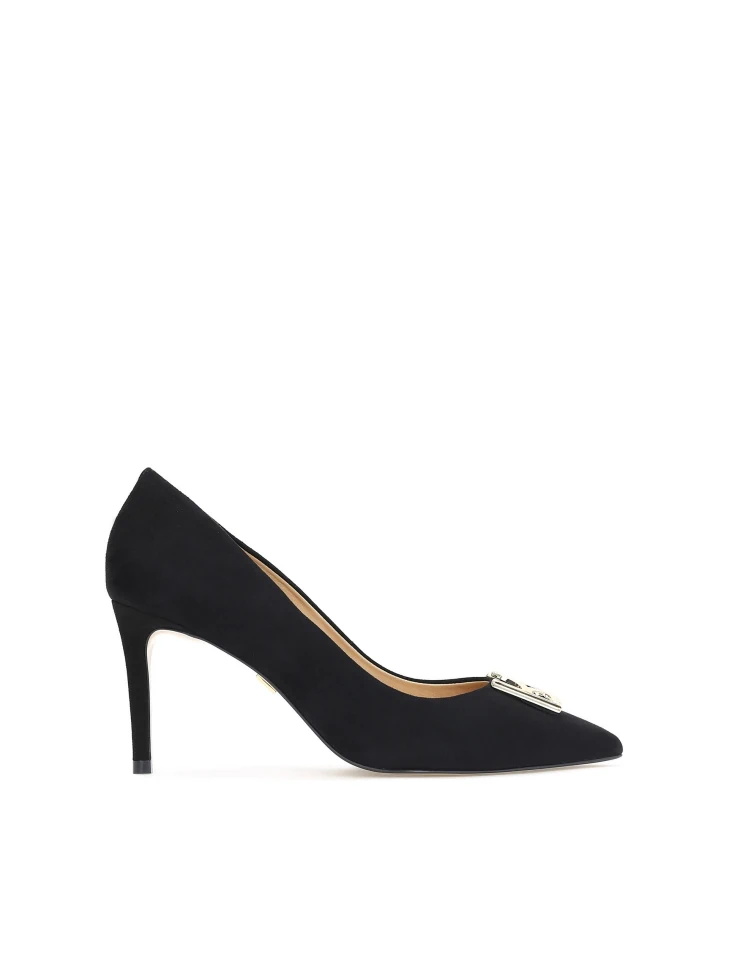 kazar Black suede pumps with a large monogram