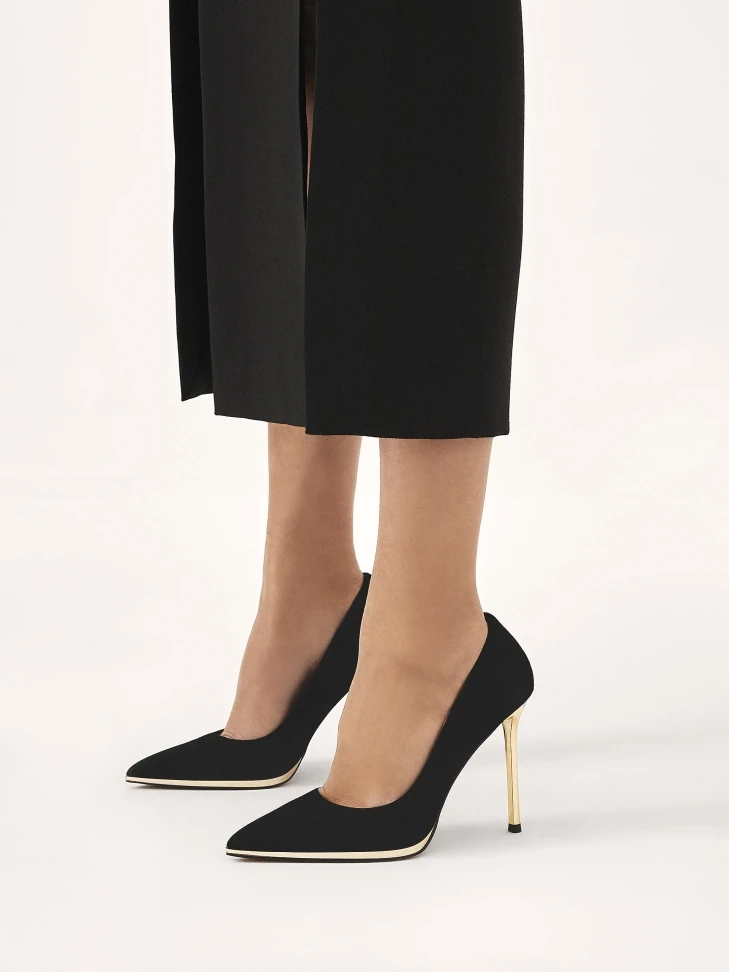 Kazar Black Suede Pumps With Gold Heel